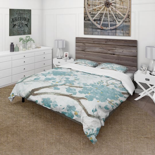 Designart 'Teal Cherry Blossoms I' Farmhouse Bedding Set - Duvet Cover & Shams